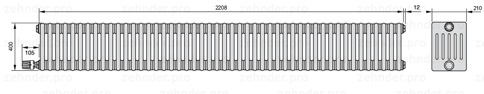 Схема (чертеж) Радиатор Zehnder Charleston 6040/48 №V003 Белый глянцевый RAL 9016